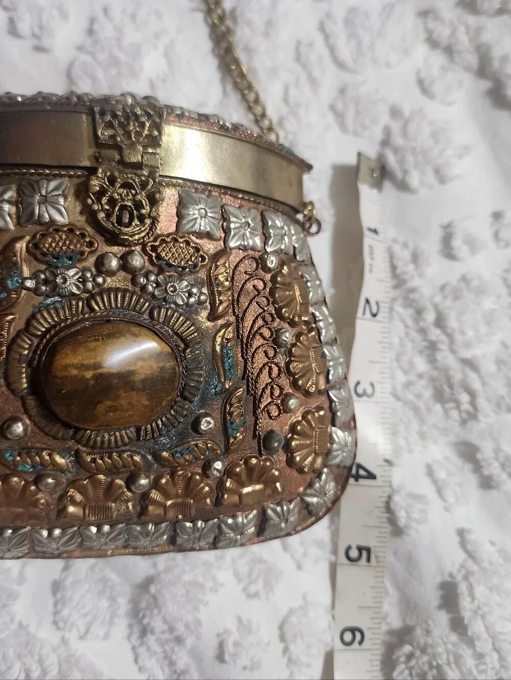 Vintage Sajai Indian Ethnic Sling Bag Clutches, Brass/Copper w/ Metal Chain
